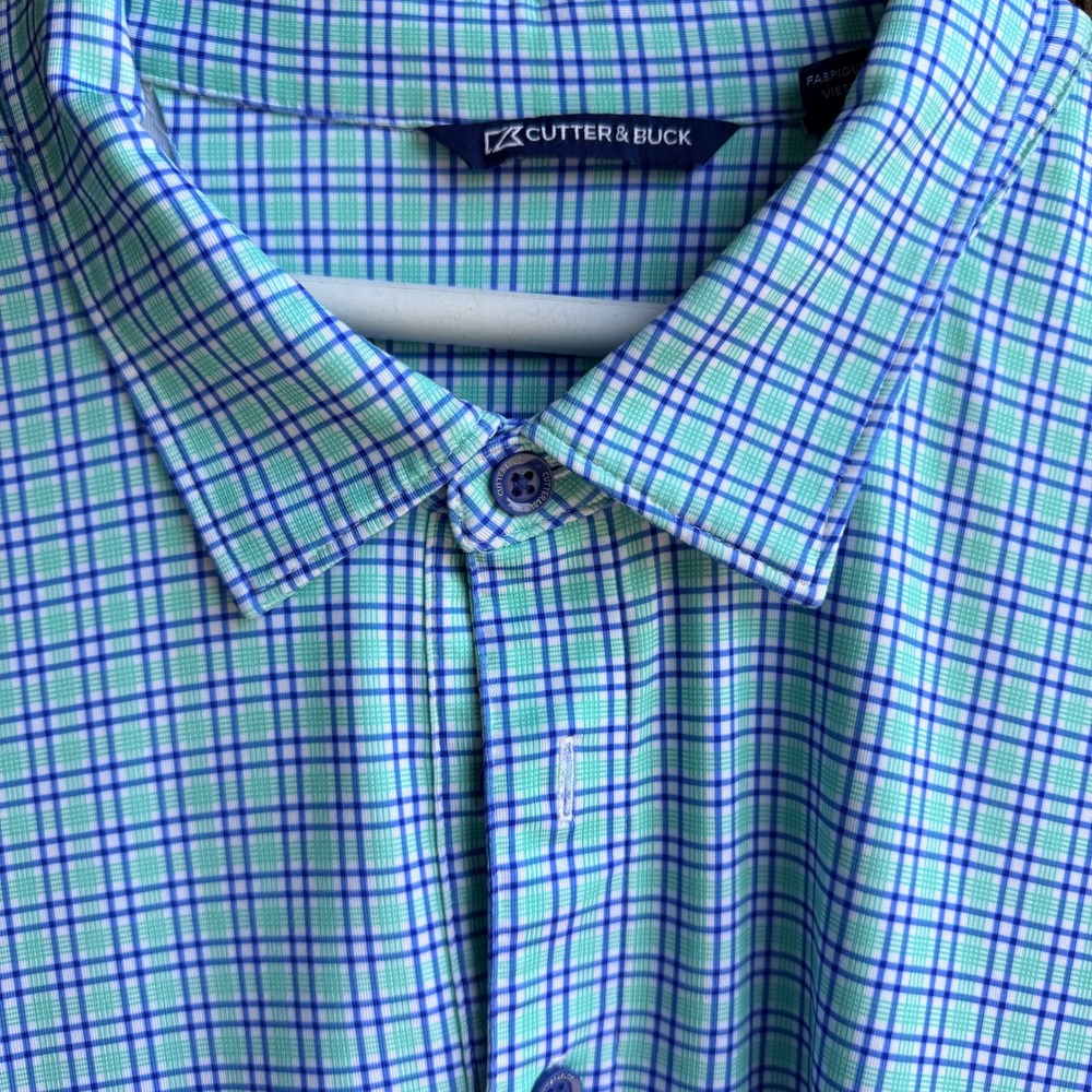 Cutter & Buck Mens XL Polo Shirt Teal Blue Plaid Island Country Club Golf XL/TG